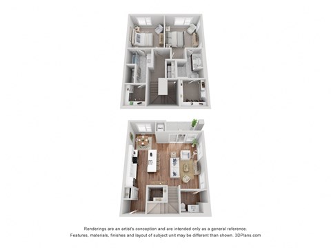 the C1 is 2 Bed, 2.5 Bath at 1,553 Sq. Ft.
From the entry door on the lower level, to the left is the kitchen, followed by the dining area and living room with patio access. Upstairs, from the landing, to the left is one bedroom with an attached bathroom, and to the right is the second bedroom with an ensuite bath and a walk-in closet.
